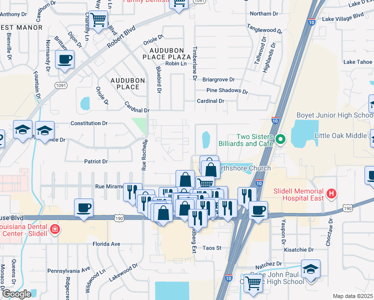 map of restaurants, bars, coffee shops, grocery stores, and more near 403 Kensington Boulevard in Slidell