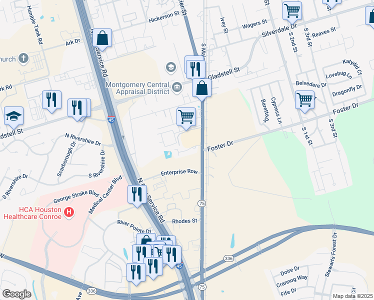 map of restaurants, bars, coffee shops, grocery stores, and more near 1230 South Frazier Street in Conroe
