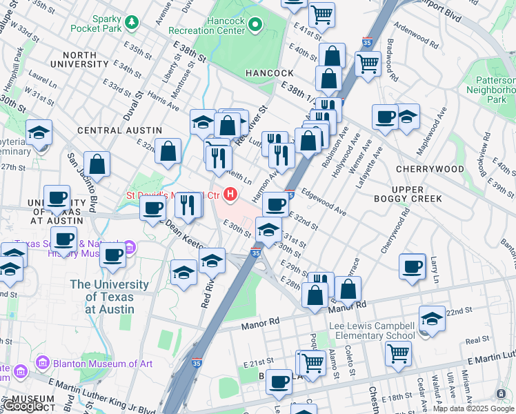 map of restaurants, bars, coffee shops, grocery stores, and more near 1005 East 32nd Street in Austin