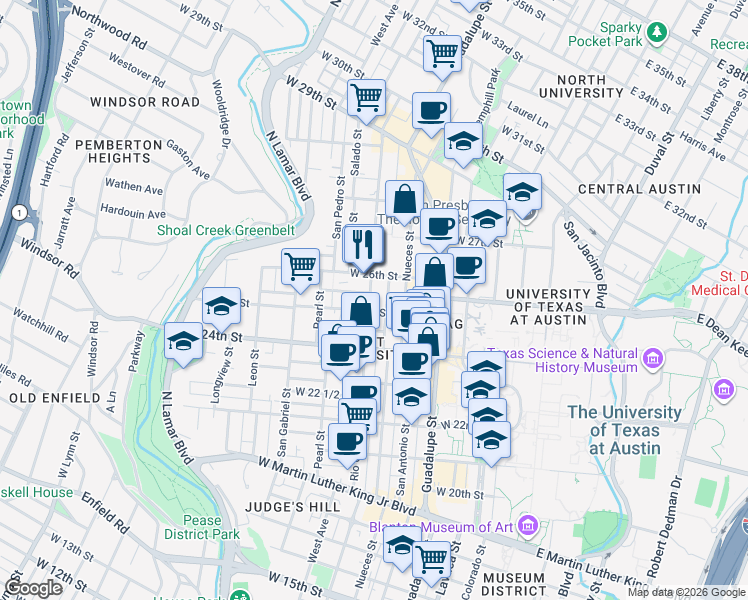 map of restaurants, bars, coffee shops, grocery stores, and more near 2500 Rio Grande Street in Austin