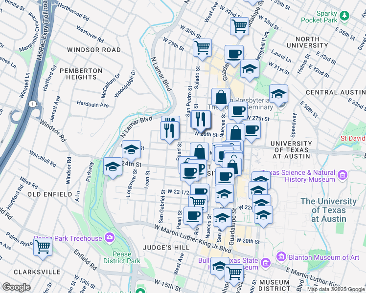 map of restaurants, bars, coffee shops, grocery stores, and more near 702 West 25th Street in Austin