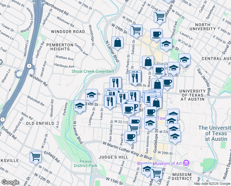 map of restaurants, bars, coffee shops, grocery stores, and more near 910 West 25th Street in Austin