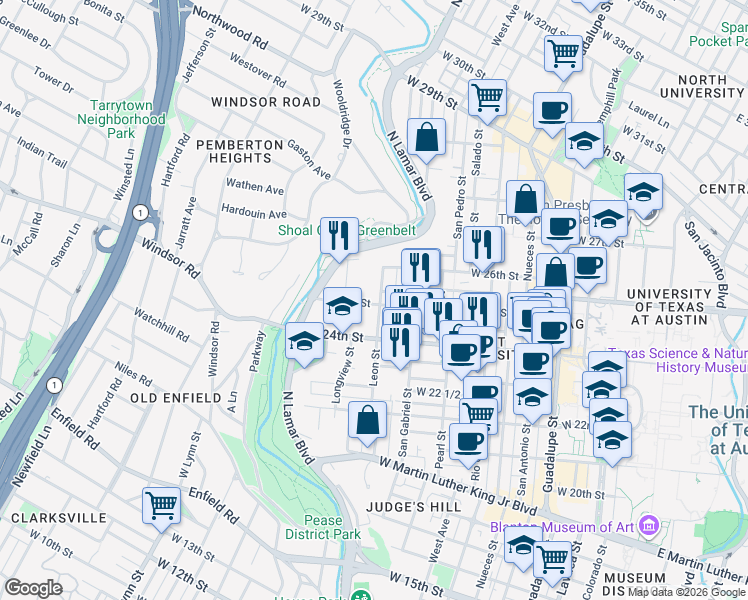 map of restaurants, bars, coffee shops, grocery stores, and more near 2415 Leon Street in Austin