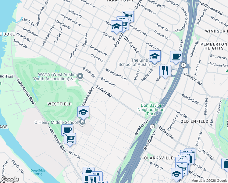 map of restaurants, bars, coffee shops, grocery stores, and more near 2506 Enfield Road in Austin