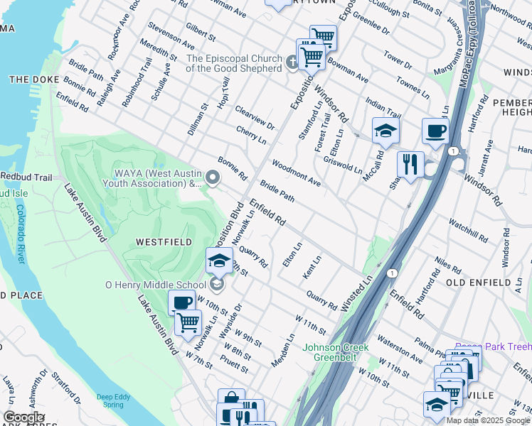 map of restaurants, bars, coffee shops, grocery stores, and more near 1411 Norwalk Lane in Austin