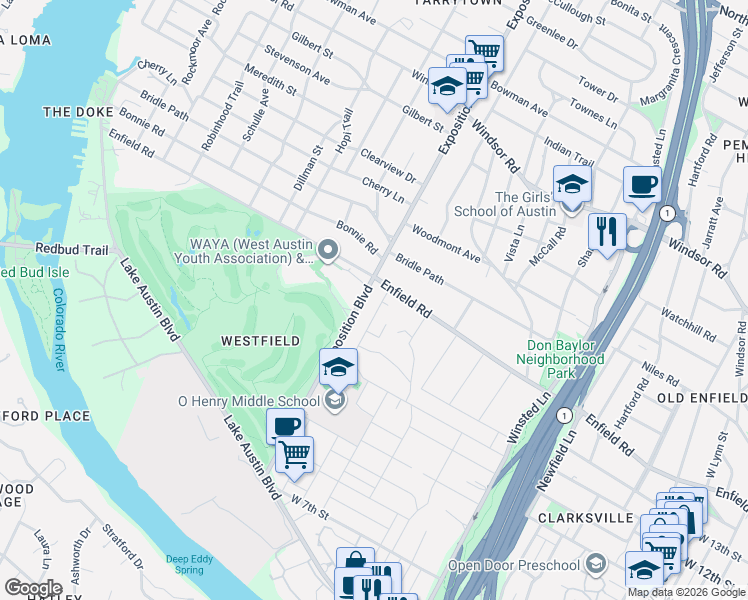 map of restaurants, bars, coffee shops, grocery stores, and more near 1411 Norwalk Lane in Austin