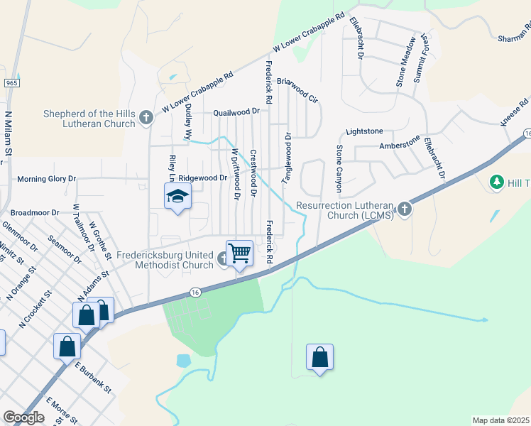 map of restaurants, bars, coffee shops, grocery stores, and more near 106 Crestwood Drive in Fredericksburg