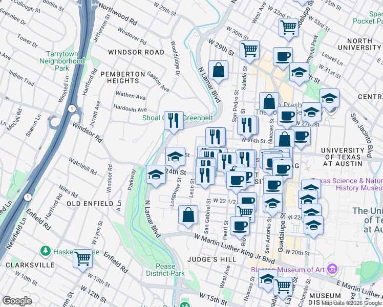 map of restaurants, bars, coffee shops, grocery stores, and more near 2415 Leon Street in Austin
