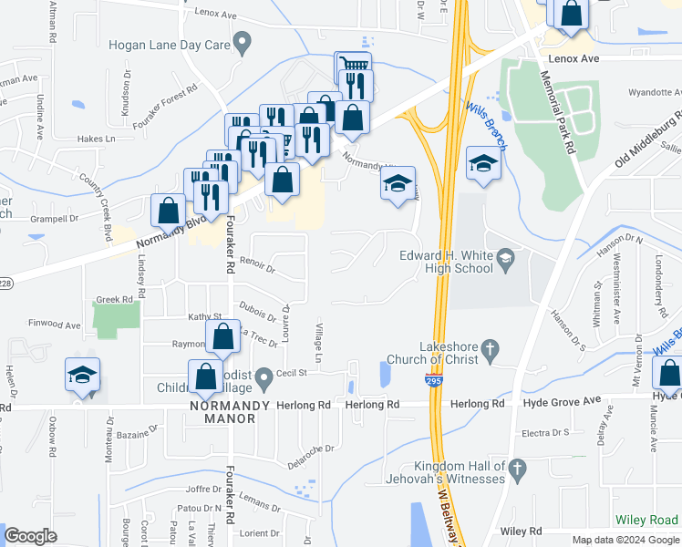map of restaurants, bars, coffee shops, grocery stores, and more near 1693 Spring Branch Drive West in Jacksonville