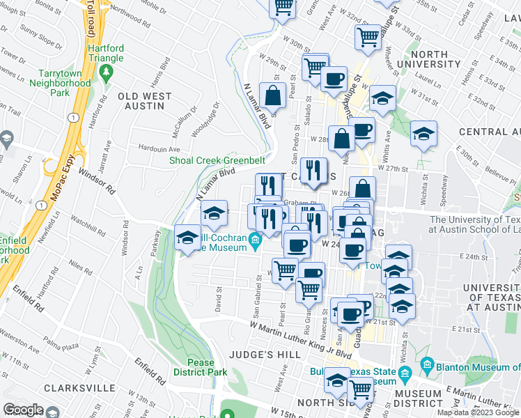map of restaurants, bars, coffee shops, grocery stores, and more near 1000 West 25th Street in Austin