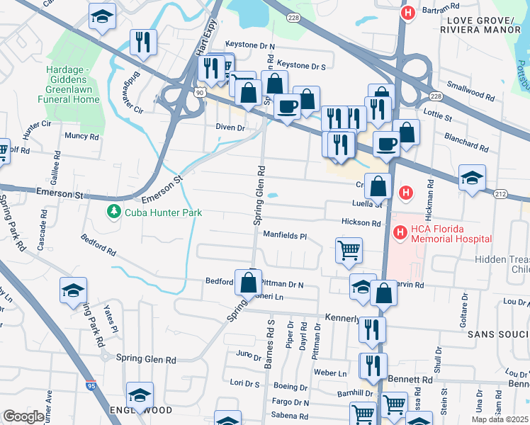 map of restaurants, bars, coffee shops, grocery stores, and more near 5447 Hickson Road in Jacksonville