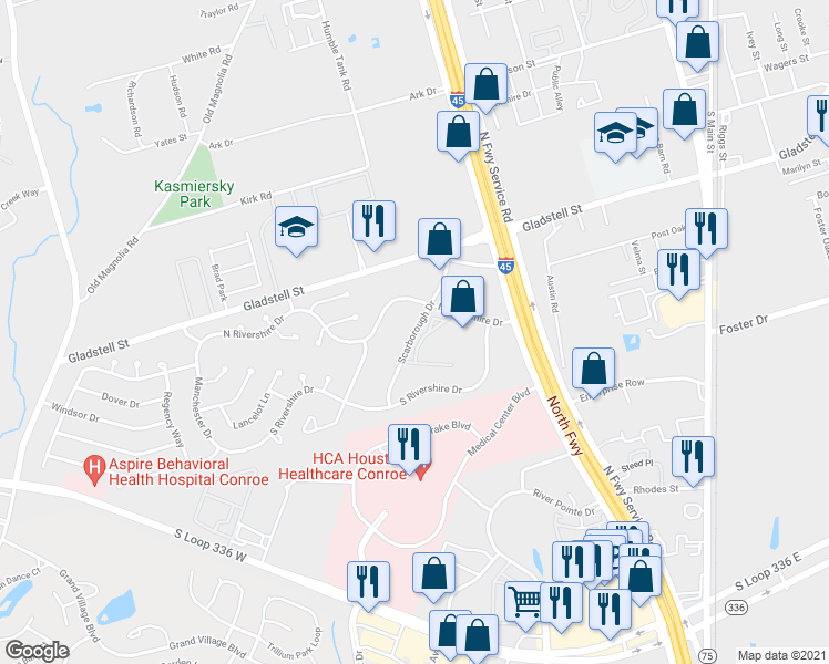 map of restaurants, bars, coffee shops, grocery stores, and more near 206 Scarborough Drive in Conroe