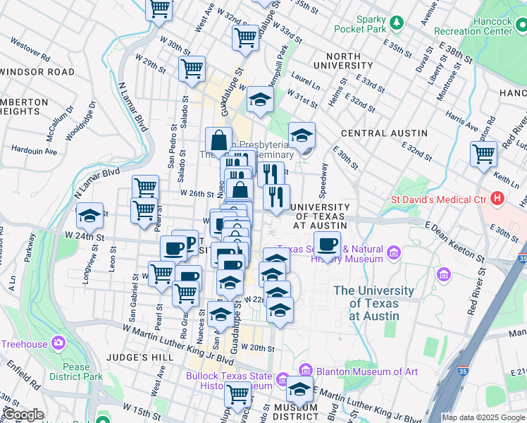 map of restaurants, bars, coffee shops, grocery stores, and more near W Dean Keeton St & Whitis Ave in Austin
