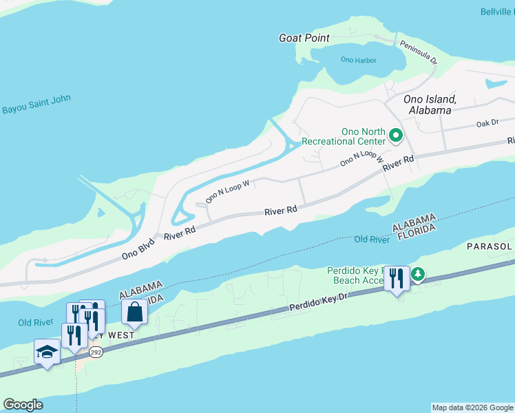 map of restaurants, bars, coffee shops, grocery stores, and more near 30393 River Road in Orange Beach