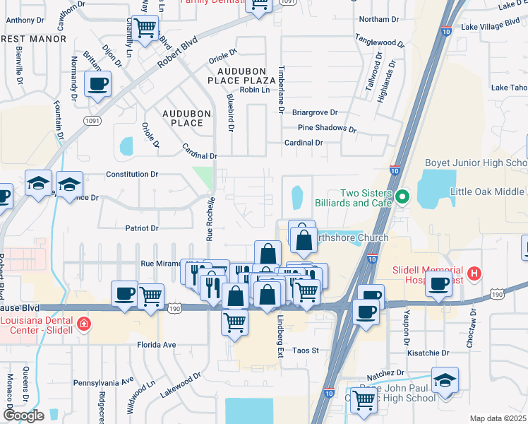 map of restaurants, bars, coffee shops, grocery stores, and more near 821 Asheville Drive in Slidell