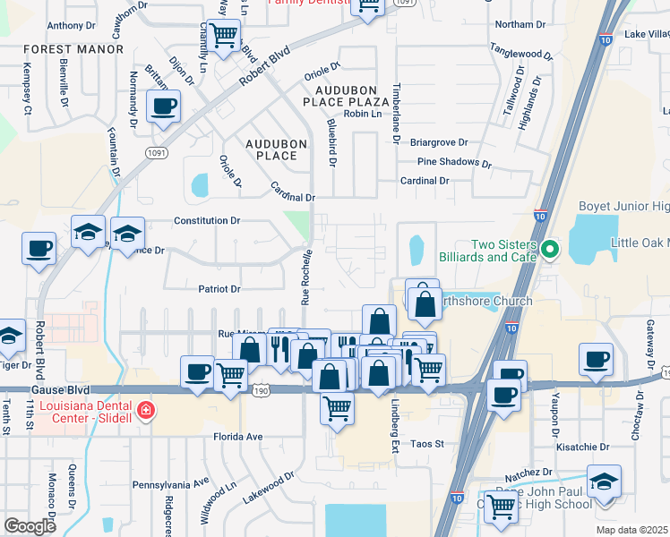 map of restaurants, bars, coffee shops, grocery stores, and more near 950 Asheville Drive in Slidell