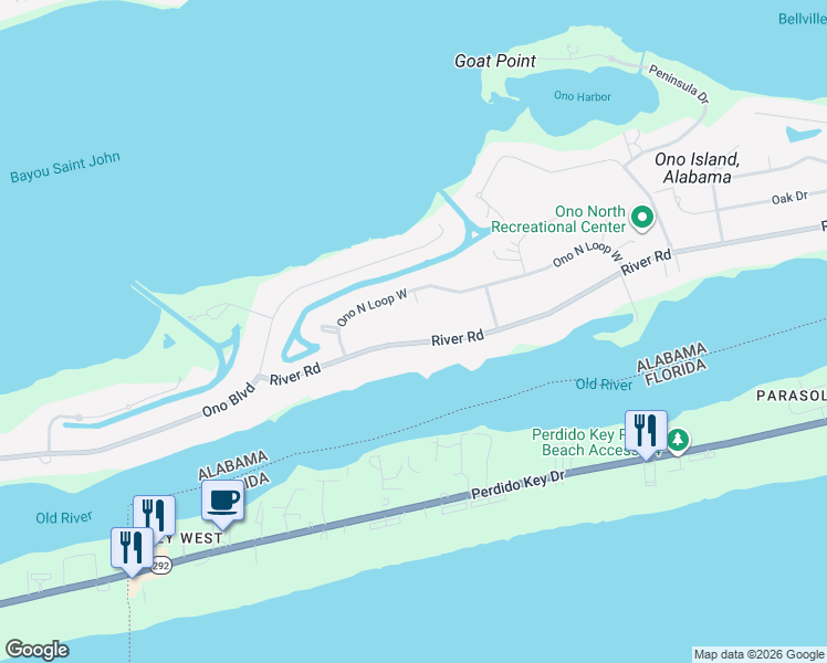 map of restaurants, bars, coffee shops, grocery stores, and more near 30393 River Road in Orange Beach