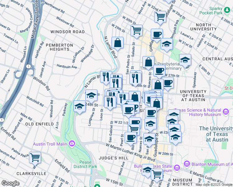 map of restaurants, bars, coffee shops, grocery stores, and more near 910 West 25th Street in Austin