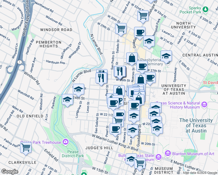 map of restaurants, bars, coffee shops, grocery stores, and more near 2501 Pearl Street in Austin