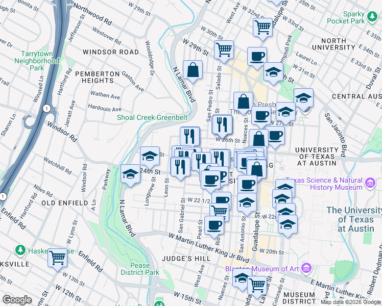 map of restaurants, bars, coffee shops, grocery stores, and more near 910 West 25th Street in Austin