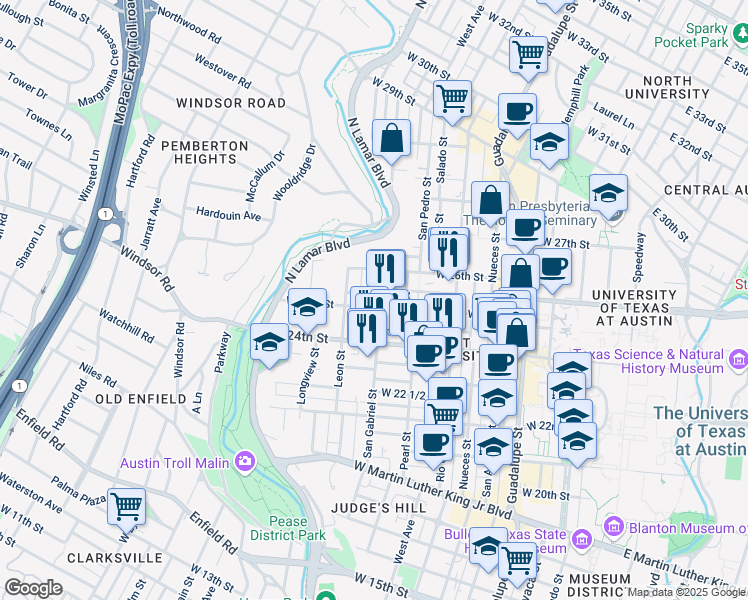 map of restaurants, bars, coffee shops, grocery stores, and more near 910 West 25th Street in Austin