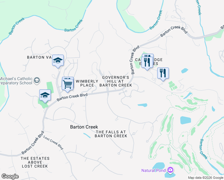 map of restaurants, bars, coffee shops, grocery stores, and more near 2300 Barton Creek Boulevard in Austin