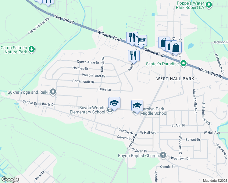 map of restaurants, bars, coffee shops, grocery stores, and more near 209 Drury Lane in Slidell