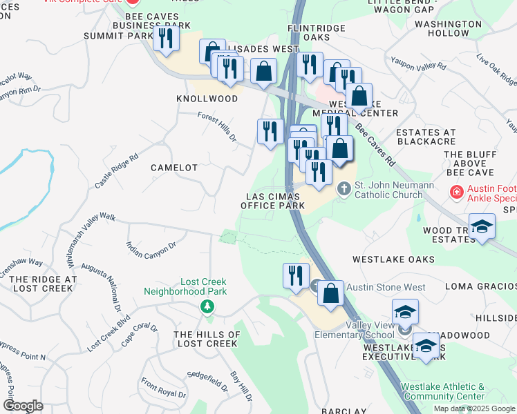 map of restaurants, bars, coffee shops, grocery stores, and more near 911 Las Cimas Parkway in Austin