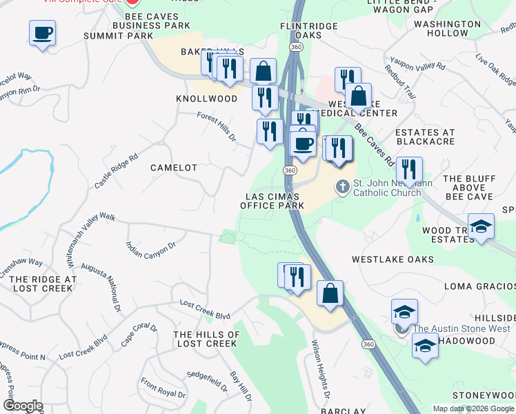 map of restaurants, bars, coffee shops, grocery stores, and more near 911 Las Cimas Parkway in Austin