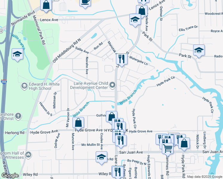 map of restaurants, bars, coffee shops, grocery stores, and more near 1660 Lane Avenue South in Jacksonville