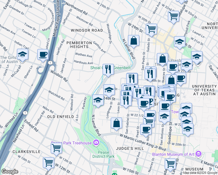 map of restaurants, bars, coffee shops, grocery stores, and more near 2500 Longview Street in Austin