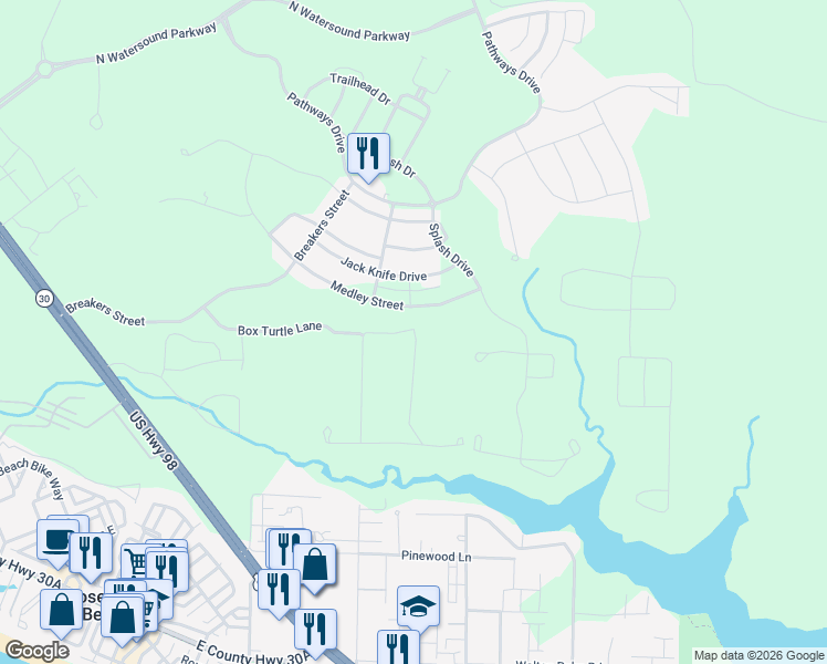map of restaurants, bars, coffee shops, grocery stores, and more near 150 Medley Street in Rosemary Beach
