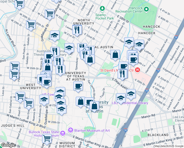 map of restaurants, bars, coffee shops, grocery stores, and more near 2701 San Jacinto Boulevard in Austin