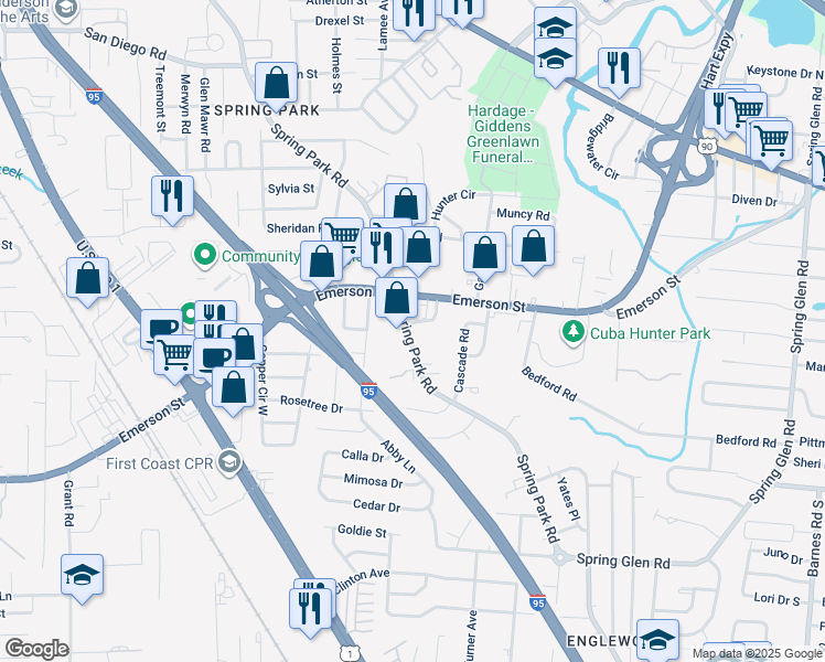 map of restaurants, bars, coffee shops, grocery stores, and more near 3662 Spring Park Road in Jacksonville