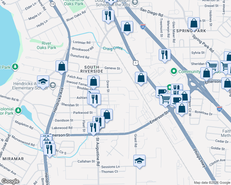 map of restaurants, bars, coffee shops, grocery stores, and more near 3515 Drew Street in Jacksonville