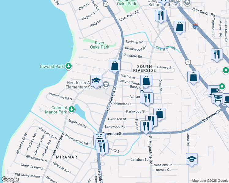 map of restaurants, bars, coffee shops, grocery stores, and more near 1942 Hendricks Elem Ac in Jacksonville