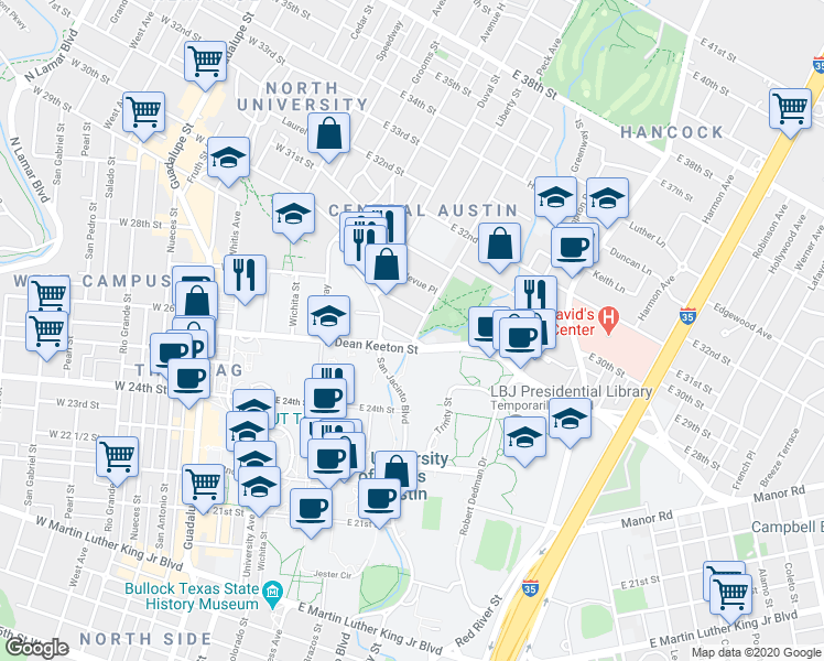 map of restaurants, bars, coffee shops, grocery stores, and more near 2601 San Jacinto Boulevard in Austin