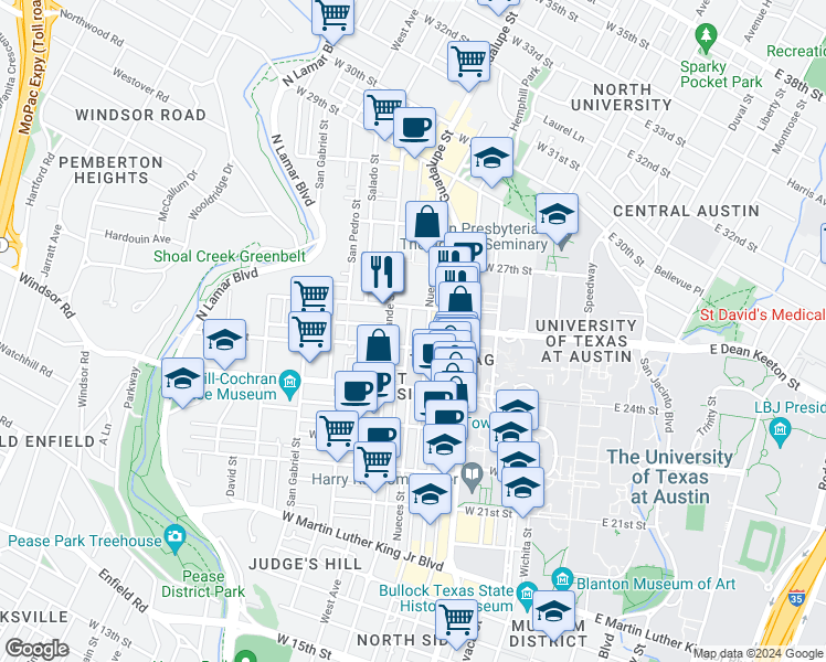 map of restaurants, bars, coffee shops, grocery stores, and more near 2503 Nueces Street in Austin