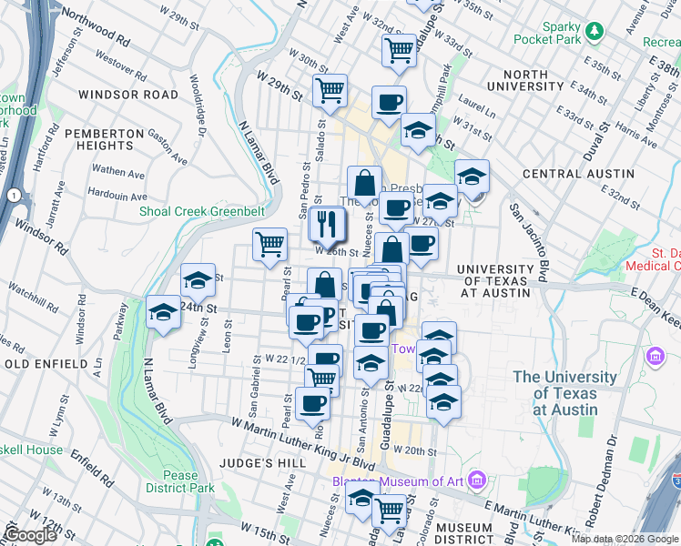 map of restaurants, bars, coffee shops, grocery stores, and more near 2500 Rio Grande Street in Austin