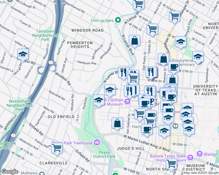 map of restaurants, bars, coffee shops, grocery stores, and more near 2500 Longview Street in Austin