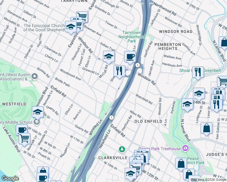 map of restaurants, bars, coffee shops, grocery stores, and more near 1803 Winsted Lane in Austin
