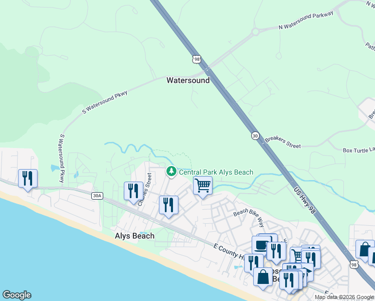 map of restaurants, bars, coffee shops, grocery stores, and more near Alys Beach Nature Trail in Panama City Beach