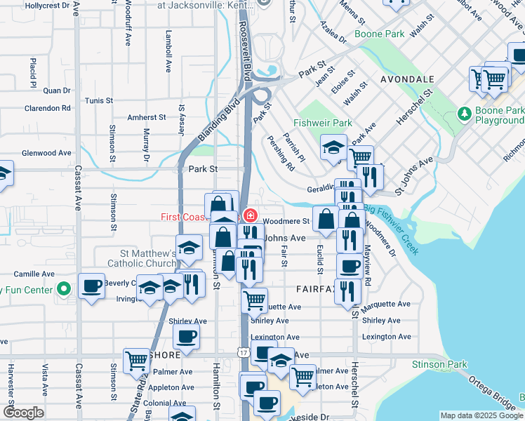 map of restaurants, bars, coffee shops, grocery stores, and more near 4415 Woodmere Street in Jacksonville