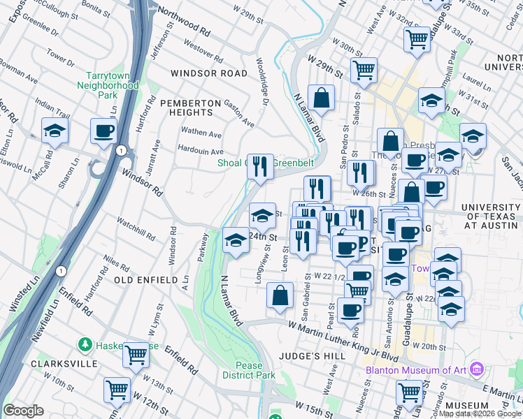 map of restaurants, bars, coffee shops, grocery stores, and more near 2500 Longview Street in Austin