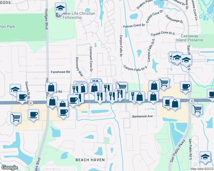 map of restaurants, bars, coffee shops, grocery stores, and more near 13980 Derby Drive in Jacksonville