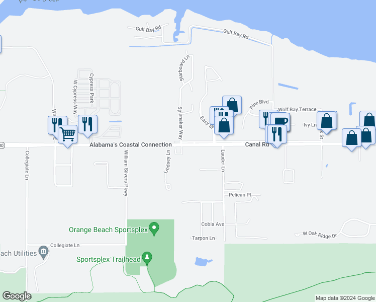 map of restaurants, bars, coffee shops, grocery stores, and more near 24342 Canal Road in Orange Beach