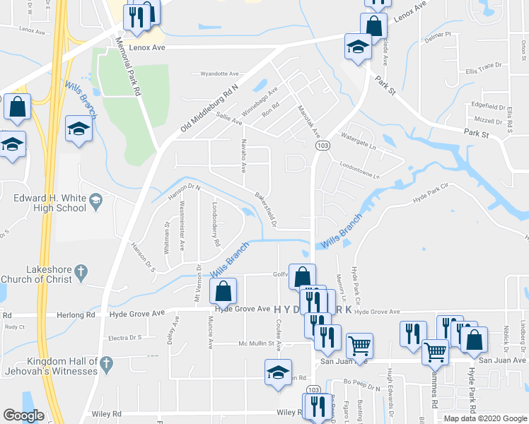 map of restaurants, bars, coffee shops, grocery stores, and more near 6832 Bakersfield Drive in Jacksonville