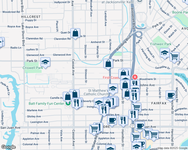 map of restaurants, bars, coffee shops, grocery stores, and more near 4745 Shelby Avenue in Jacksonville