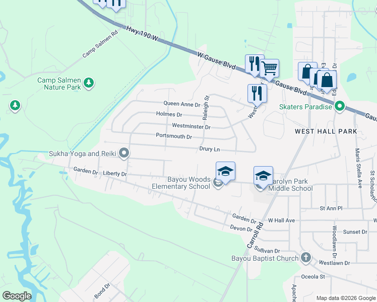 map of restaurants, bars, coffee shops, grocery stores, and more near 305 Drury Lane in Slidell