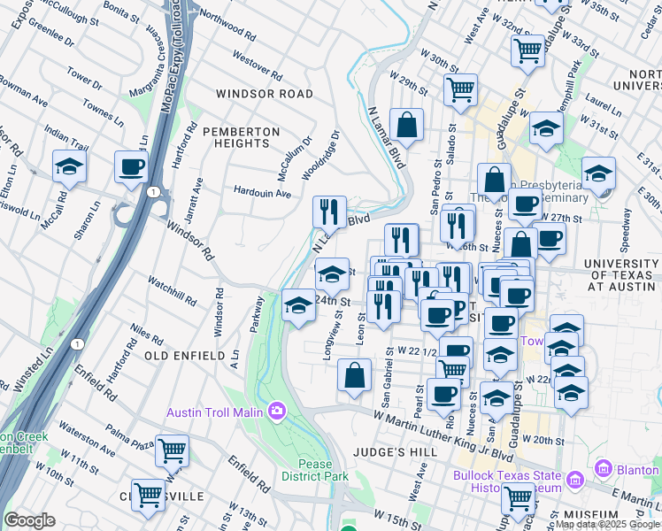 map of restaurants, bars, coffee shops, grocery stores, and more near 2500 Longview Street in Austin